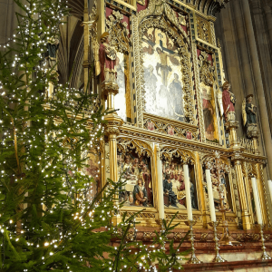 Image of Wakefield Cathedral's organ with a Christmas tree.